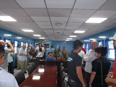 Inside the blue building at the DMZ.