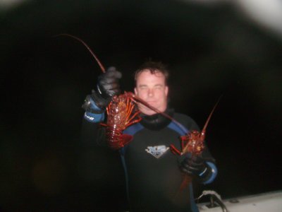 I pose with the two lobsters I liberated from this dive.