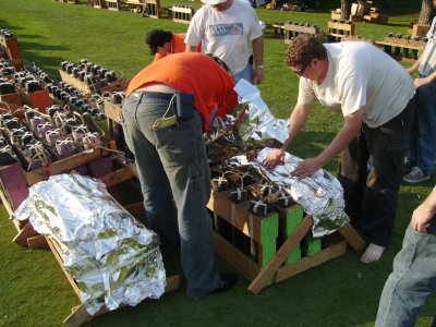 The finale crew protects the setup from falling burning embers by covering it with Aluminum foil.
