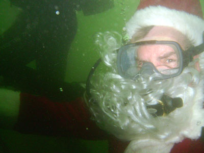 A close up of the underwater Santa Claus