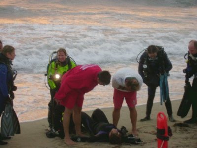 Lifeguards check the diver.