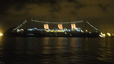 The Queen Mary at night.